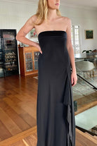 Teresine | Black - Strapless Sheath Chiffon Ankle Length Prom Dress With Slit - KissProm