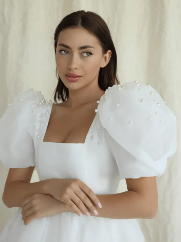 Yuna | A - Line Square - Neck Short Wedding Dress With Puffy Pearls Sleeves - KissProm