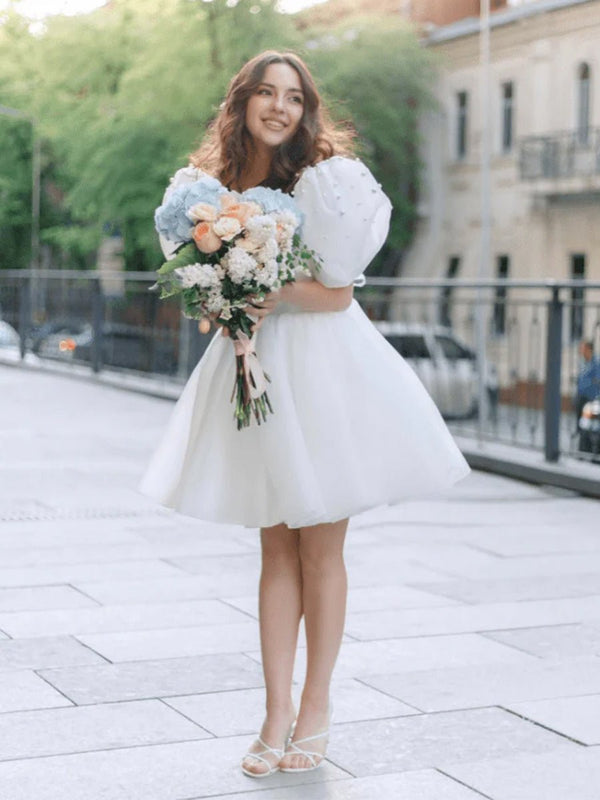 Yuna | A - Line Square - Neck Short Wedding Dress With Puffy Pearls Sleeves - KissProm