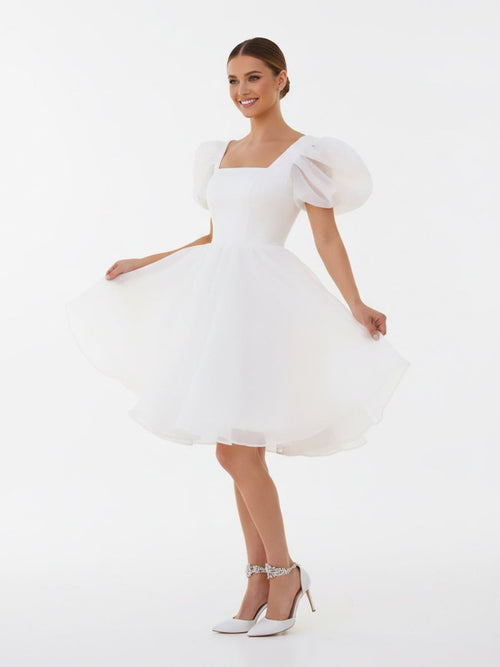 Yuna | A - Line Square - Neck Short Wedding Dress With Puffy Pearls Sleeves - KissProm