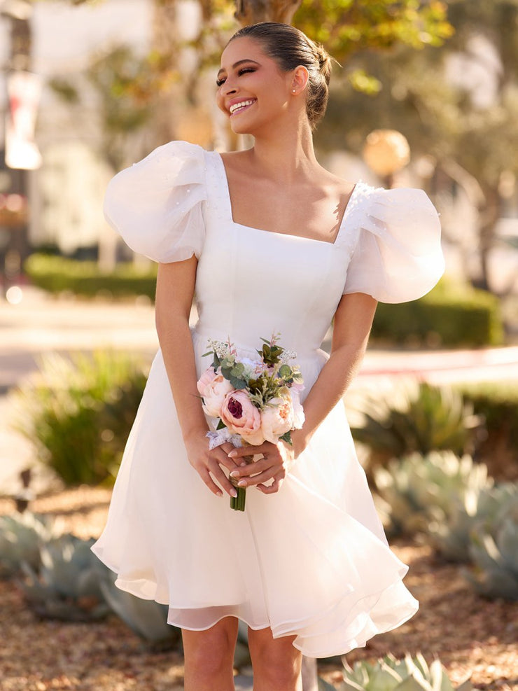 Yuna | A-Line Square-Neck Short Wedding Dress With Puffy Pearls Sleeve ...