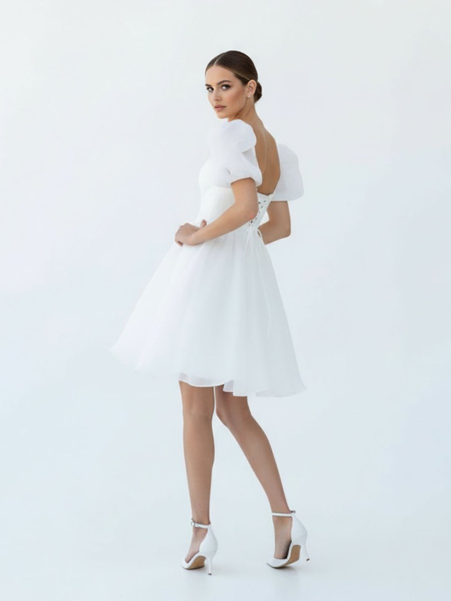 Yuna | A - Line Square - Neck Short Wedding Dress With Puffy Pearls Sleeves - KissProm