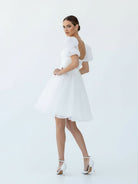 Yuna | A - Line Square - Neck Short Wedding Dress With Puffy Pearls Sleeves - KissProm