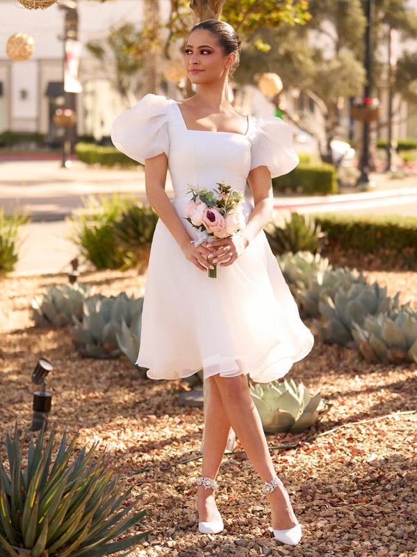 Yuna | A-Line Square-Neck Short Wedding Dress With Puffy Pearls Sleeves