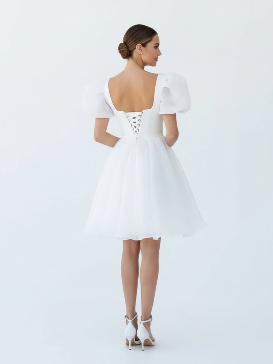 Yuna | A - Line Square - Neck Short Wedding Dress With Puffy Pearls Sleeves - KissProm