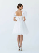 Yuna | A - Line Square - Neck Short Wedding Dress With Puffy Pearls Sleeves - KissProm