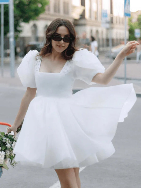 Yuna | A - Line Square - Neck Short Wedding Dress With Puffy Pearls Sleeves - KissProm