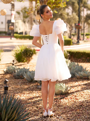 Yuna | A-Line Square-Neck Short Wedding Dress With Puffy Pearls Sleeves