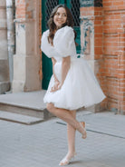 Yuna | A - Line Square - Neck Short Wedding Dress With Puffy Pearls Sleeves - KissProm