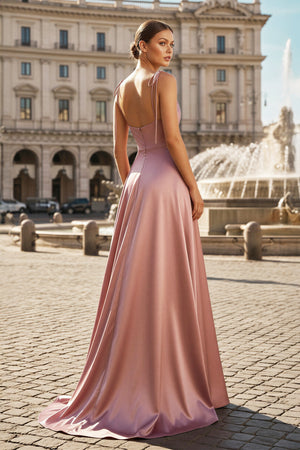 KissProm- Pink-Sweet A-line Cowl Neck Silk Long Prom Dress