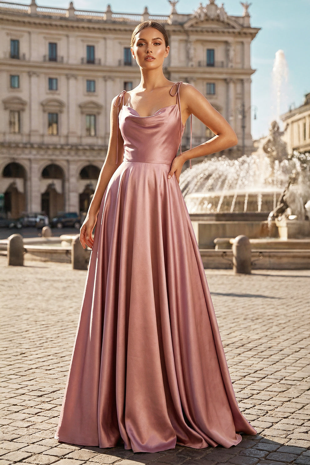 KissProm- Pink-Sweet A-line Cowl Neck Silk Long Prom Dress