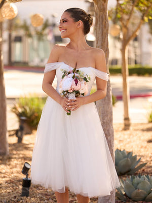 Sweet A-Line Off-The-Shoulder Little White Tulle Wedding Dresses