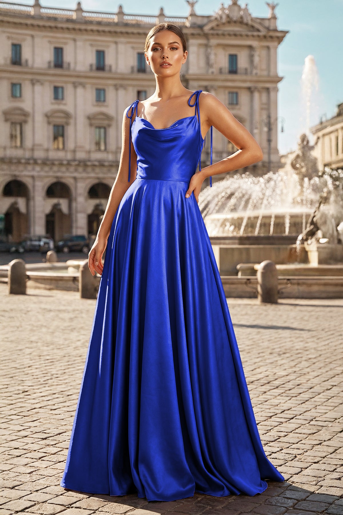 KissProm Sweet A-line Cowl Neck Silk Long Prom Dress, Royal Blue / 18