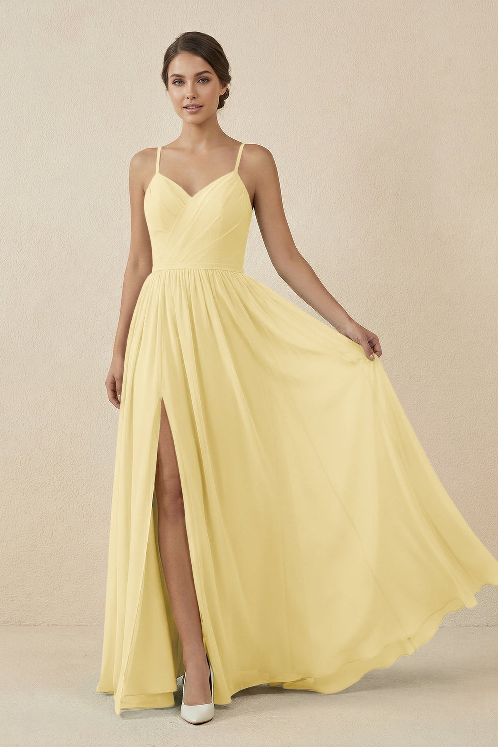 Sweetheart A - Line Chiffon Bridesmaid Dress in Pastel Yellow - KissProm Bridesmaid Dresses