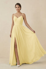 Sweetheart A - Line Chiffon Bridesmaid Dress in Pastel Yellow - KissProm Bridesmaid Dresses