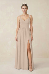 Sweetheart A - Line Chiffon Bridesmaid Dress with Slit in Almond - KissProm Bridesmaid Dresses