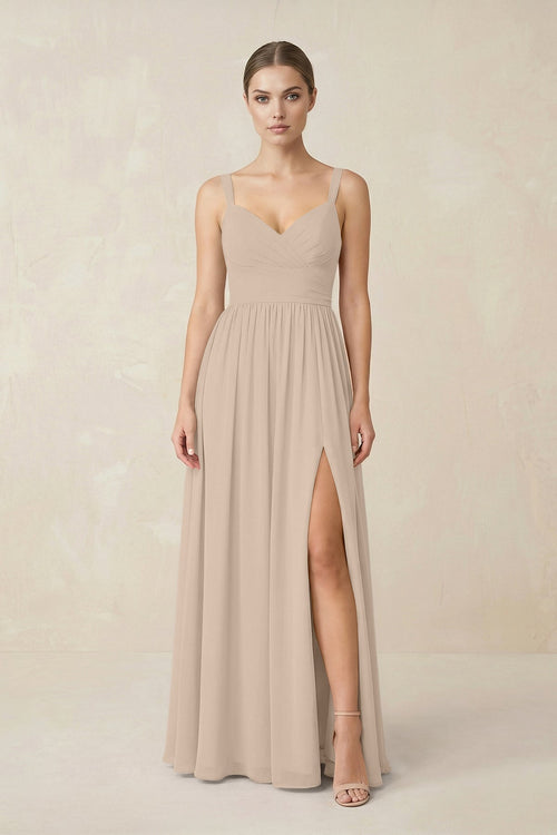 Sweetheart A - Line Chiffon Bridesmaid Dress with Slit in Almond - KissProm Bridesmaid Dresses
