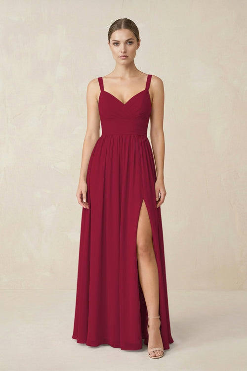 Sweetheart A - Line Chiffon Bridesmaid Dress with Slit in Berry - KissProm Bridesmaid Dresses