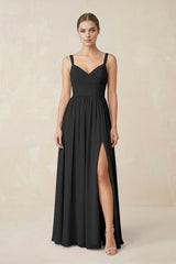 Sweetheart A - Line Chiffon Bridesmaid Dress with Slit in Black - KissProm Bridesmaid Dresses