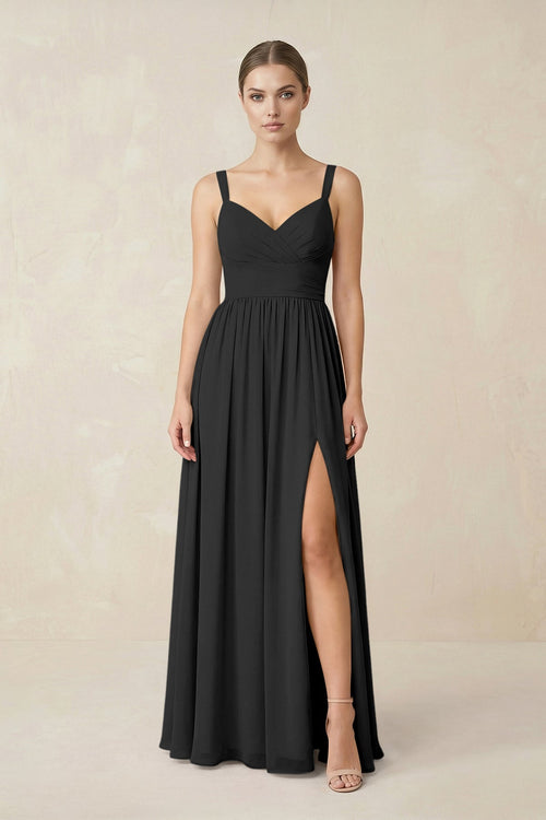 Sweetheart A - Line Chiffon Bridesmaid Dress with Slit in Black - KissProm Bridesmaid Dresses