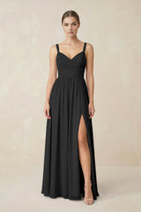 Sweetheart A - Line Chiffon Bridesmaid Dress with Slit in Black - KissProm Bridesmaid Dresses