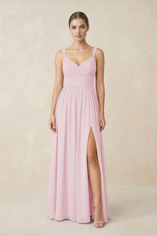 Sweetheart A - Line Chiffon Bridesmaid Dress with Slit in Candy Pink - KissProm Bridesmaid Dresses