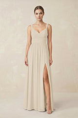 Sweetheart A - Line Chiffon Bridesmaid Dress with Slit in Champagne - KissProm Bridesmaid Dresses