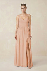 Sweetheart A - Line Chiffon Bridesmaid Dress with Slit in Champagne Rose - KissProm Bridesmaid Dresses