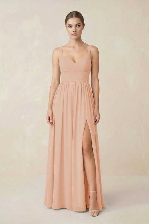 Sweetheart A - Line Chiffon Bridesmaid Dress with Slit in Champagne Rose - KissProm Bridesmaid Dresses