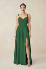 Sweetheart A - Line Chiffon Bridesmaid Dress with Slit in Dark Green - KissProm Bridesmaid Dresses