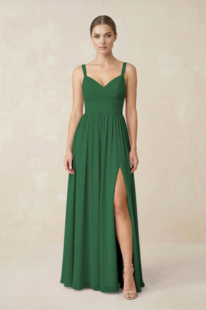 Sweetheart A - Line Chiffon Bridesmaid Dress with Slit in Dark Green - KissProm Bridesmaid Dresses