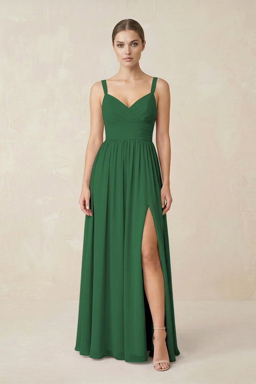 Sweetheart A - Line Chiffon Bridesmaid Dress with Slit in Dark Green - KissProm Bridesmaid Dresses