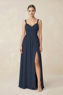 Sweetheart A - Line Chiffon Bridesmaid Dress with Slit in Dark Navy - KissProm Bridesmaid Dresses