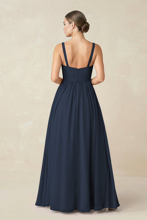 Sweetheart A - Line Chiffon Bridesmaid Dress with Slit in Dark Navy - KissProm Bridesmaid Dresses