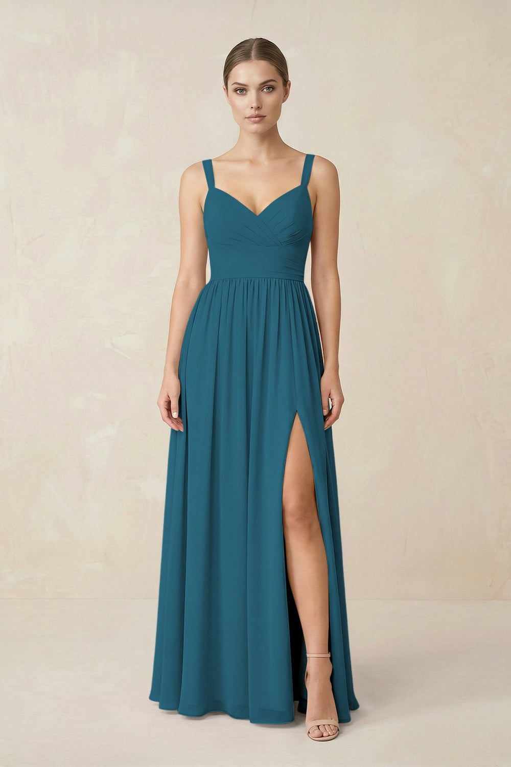 Sweetheart A - Line Chiffon Bridesmaid Dress with Slit in Dark Teal - KissProm Bridesmaid Dresses