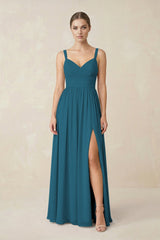 Sweetheart A - Line Chiffon Bridesmaid Dress with Slit in Dark Teal - KissProm Bridesmaid Dresses