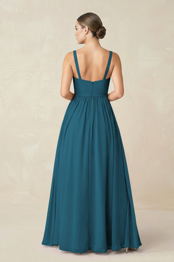 Sweetheart A - Line Chiffon Bridesmaid Dress with Slit in Dark Teal - KissProm Bridesmaid Dresses