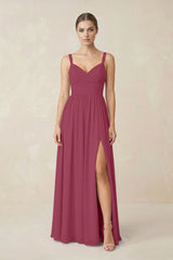 Sweetheart A - Line Chiffon Bridesmaid Dress with Slit in Desert Rose - KissProm Bridesmaid Dresses