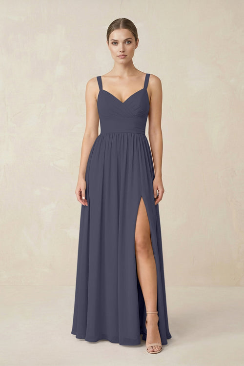 Sweetheart A - Line Chiffon Bridesmaid Dress with Slit in Dusk Blue - KissProm Bridesmaid Dresses