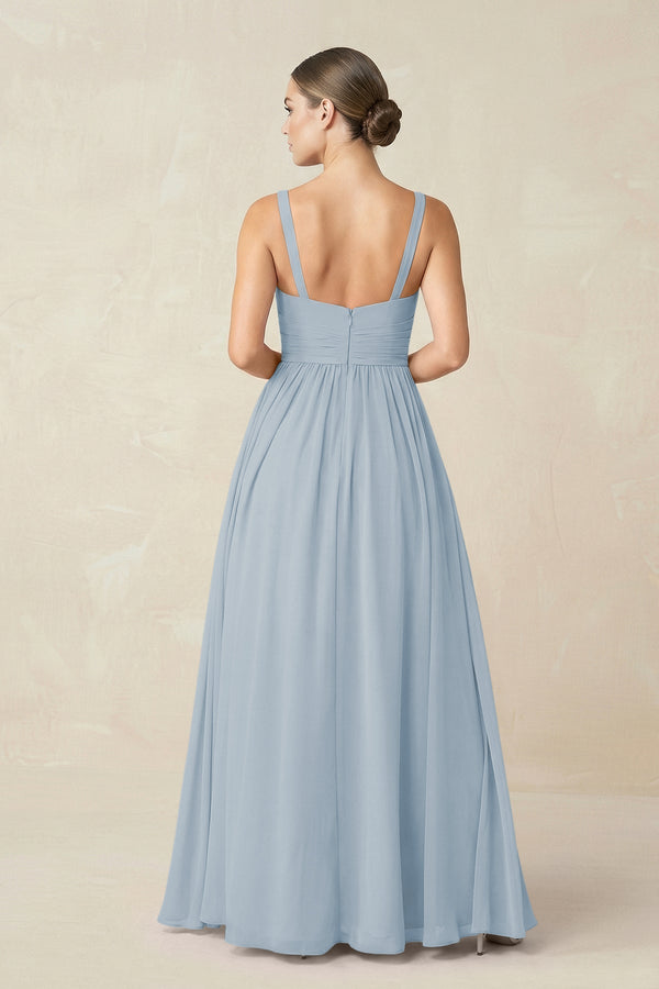 Sweetheart A - Line Chiffon Bridesmaid Dress with Slit in Dusty Blue - KissProm Bridesmaid Dresses