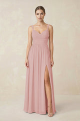 Sweetheart A - Line Chiffon Bridesmaid Dress with Slit in Dusty Rose - KissProm Bridesmaid Dresses