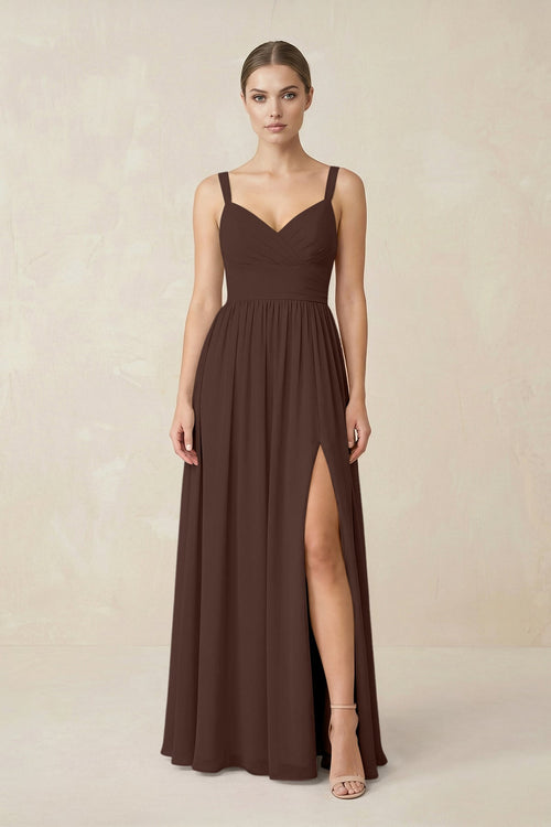 Sweetheart A - Line Chiffon Bridesmaid Dress with Slit in Espresso - KissProm Bridesmaid Dresses