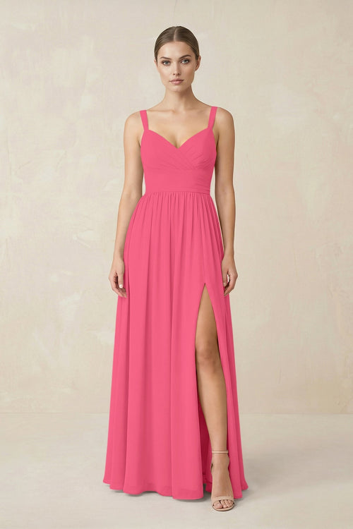 Sweetheart A - Line Chiffon Bridesmaid Dress with Slit in Fuchsia - KissProm Bridesmaid Dresses