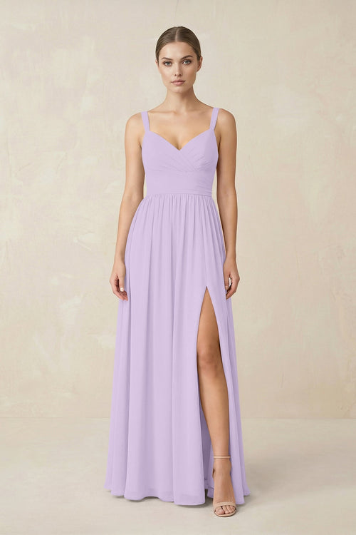 Sweetheart A - Line Chiffon Bridesmaid Dress with Slit in Lavender - KissProm Bridesmaid Dresses