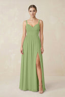 Sweetheart A - Line Chiffon Bridesmaid Dress with Slit in Matcha - KissProm Bridesmaid Dresses