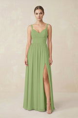 Sweetheart A - Line Chiffon Bridesmaid Dress with Slit in Matcha - KissProm Bridesmaid Dresses