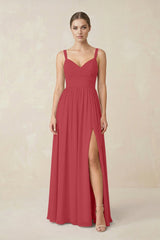 Sweetheart A - Line Chiffon Bridesmaid Dress with Slit in Merlot - KissProm Bridesmaid Dresses
