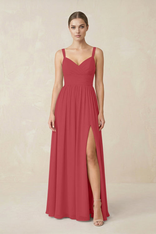 Sweetheart A - Line Chiffon Bridesmaid Dress with Slit in Merlot - KissProm Bridesmaid Dresses