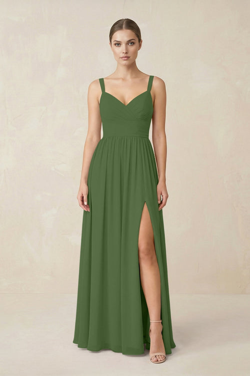 Sweetheart A - Line Chiffon Bridesmaid Dress with Slit in Moss - KissProm Bridesmaid Dresses