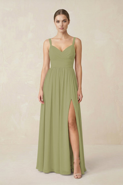Sweetheart A - Line Chiffon Bridesmaid Dress with Slit in Moss Green - KissProm Bridesmaid Dresses